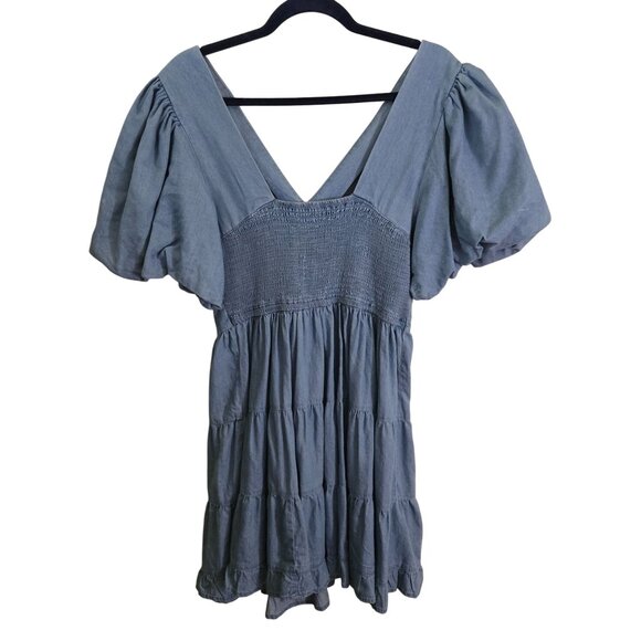 Jessica Simpson Faeryn Blue Tiered Skirt Puff Sleeve Mini Dress Size S - Picture 3 of 8